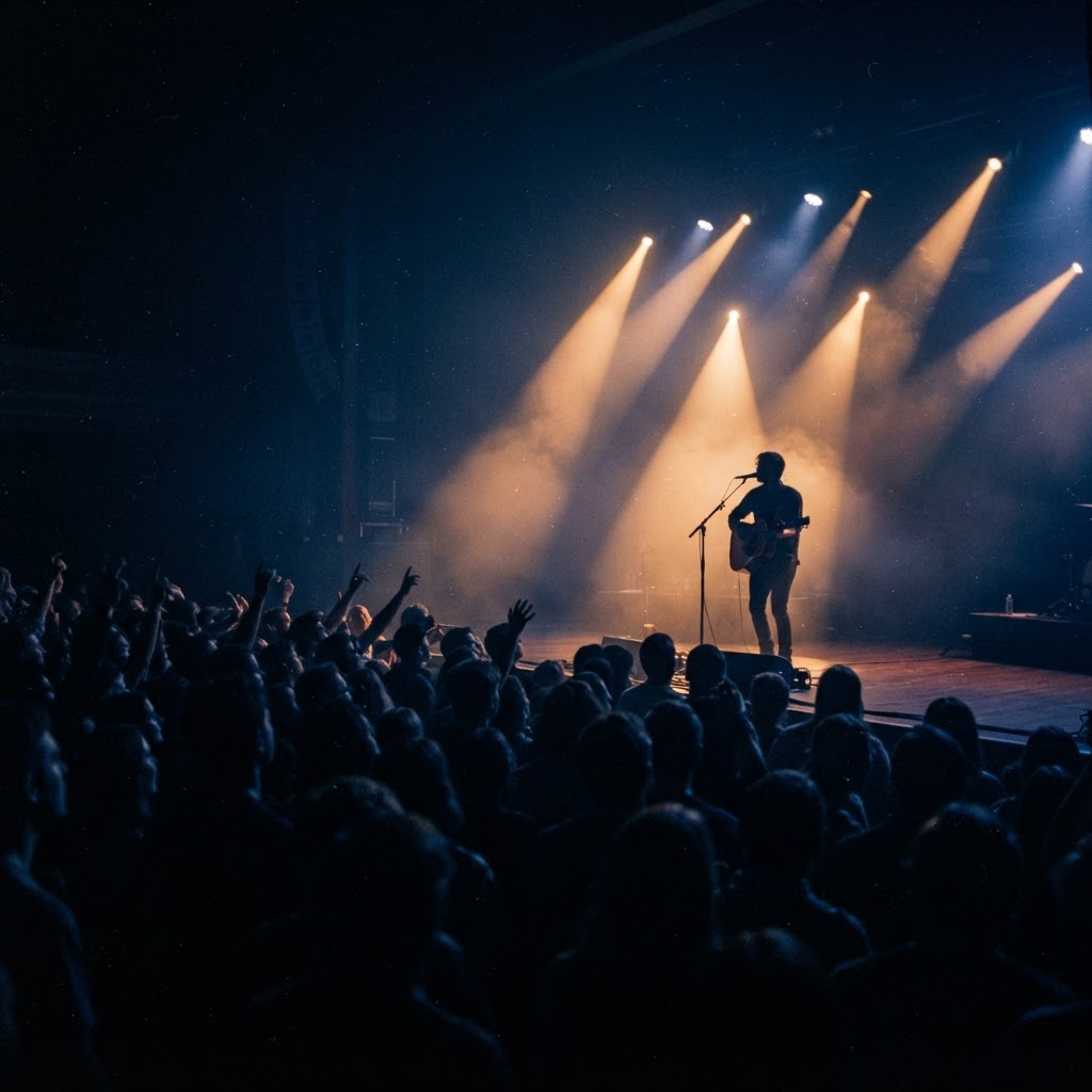Concert stage with light beams cutting through haze above a crowd