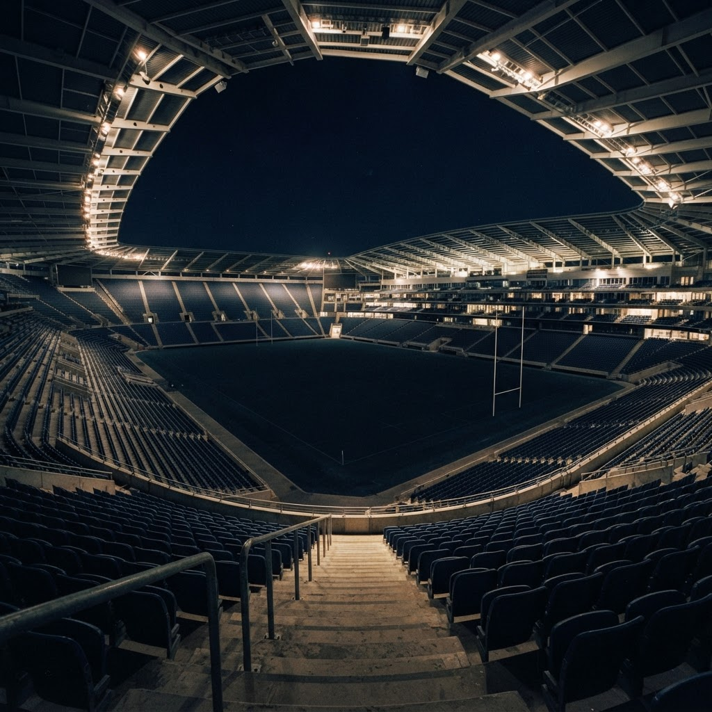Modern stadium at night lit by floodlights, viewed from the upper stands